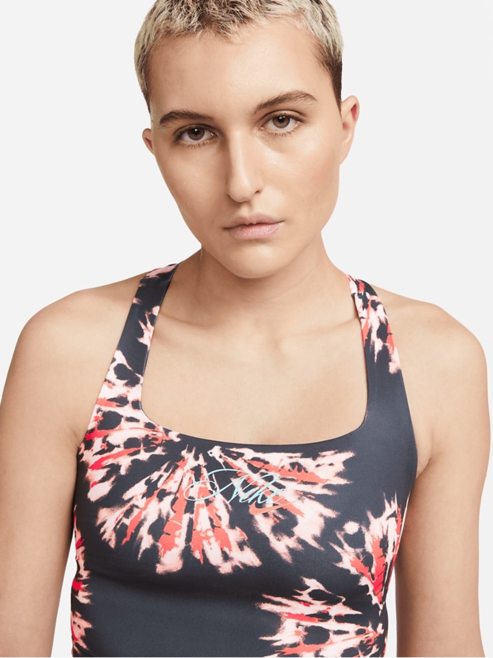 Nike Resort Tie Dye Cropped Training Tank Top Bra, Black and Coral, Medium